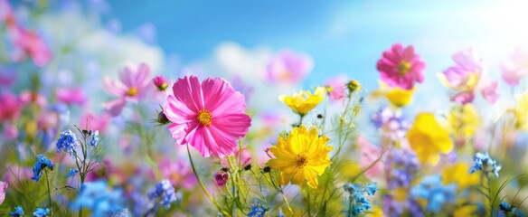 Fototapeta premium The vibrant wildflowers blooming under a clear blue sky in springtime.