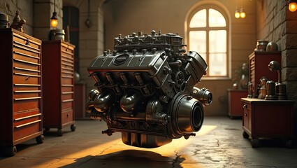 The V12 car engine was removed and placed in the engine compartment of the garage with a luxurious and vintage garage atmosphere.
