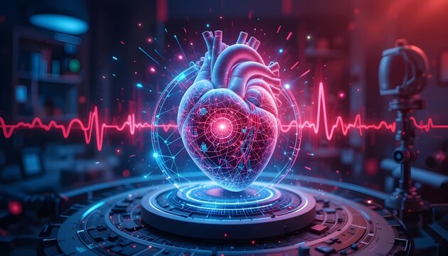 Futuristic 3D smart heart beat high to low built on rotating globe with digital connections, technology interface, AI learning systems, and global education innovation concept