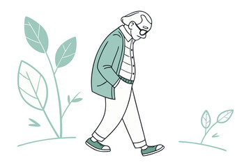Elegant stroll: A serene illustration of a mature individual strolling through a serene environment, exuding peace and contentment. 