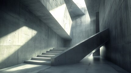 Sunlit concrete staircase in a minimalist architectural space.  Light streams through openings, casting shadows on the raw, textured walls and floor