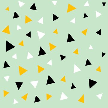Minimalist seamless triangle pattern with black, yellow, and white shapes on a light green background