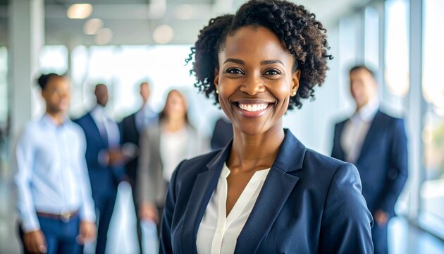Confident African American Businesswoman Smiling in Office with Diverse Team in Background, Professional Portrait.