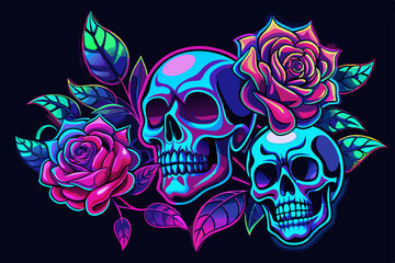 Neon glowing skulls decorated with vibrant roses vector illustration