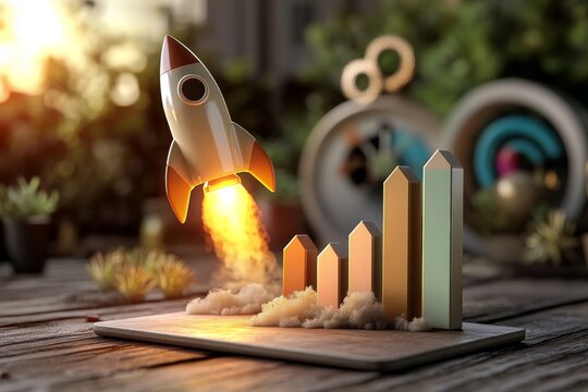 Rocket launching with financial growth chart representing business success, showcasing upward trends and strategic investments for positive outcomes.