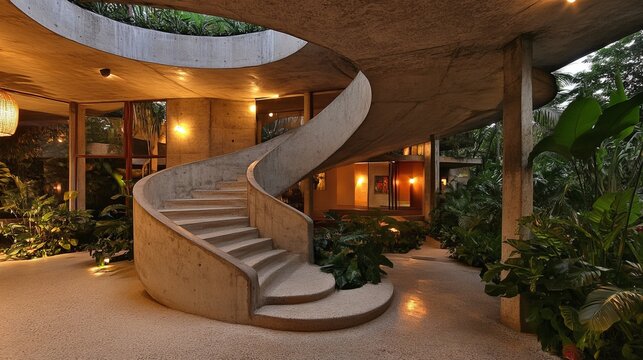 A mesmerizing concrete spiral staircase gracefully winds through a lush, indoor garden, bathed in warm, ambient lighting. The architectural design seamlessly integrates nature and modern aesthetics - Powered by Adobe