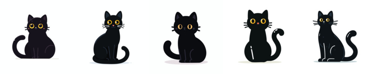 Cute Black Cat Vector Set – Flat Style Cartoon Kitten Collection