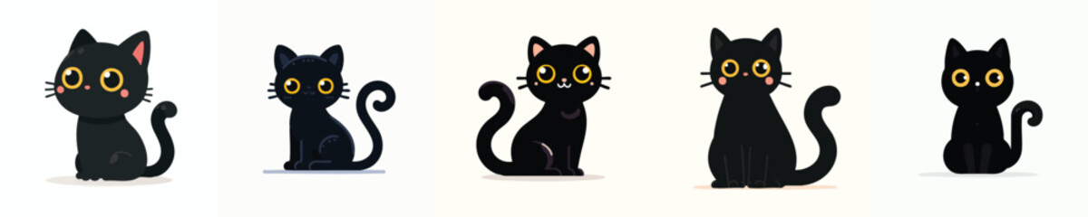 Cute Black Cat Vector Set – Cartoon Flat Illustration Collection