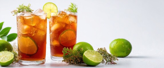 Refreshing Thai iced tea served in clear cups with lime and herbs on a white background, perfect for summer drinks or beverage promotions. High quality