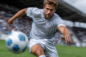 Soccer player in action during a match at a sunny stadium with enthusiastic fans