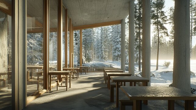 Sunlit winter terrace with wooden tables and chairs, overlooking a snowy pine forest. Large glass windows and concrete pillars frame the serene scene - Powered by Adobe
