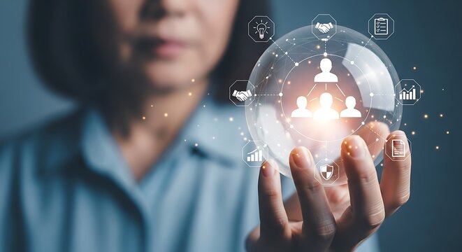 Woman holds glowing orb displaying interconnected team icons, symbolizing collaborative teamwork and innovative solutions.