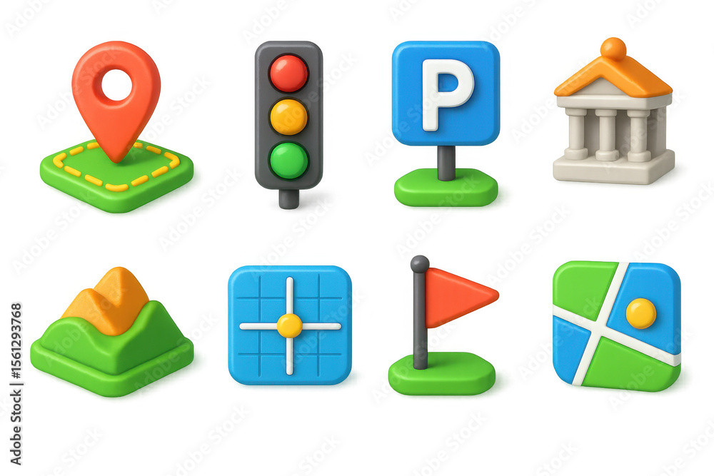 Poster 3d map icons illustration featuring simple navigation and location symbols for design projects
