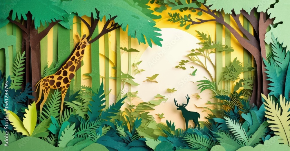 Poster papercraft forest scene depicts giraffe, deer, lush foliage. sunlight filters through trees creating