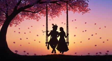 Colorful gradient background (peach to lavender), silhouette of Radha-Krishna on flower swing hanging from tree, glowing aura