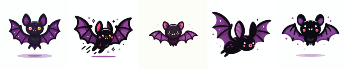 Cartoon Flying Bat Set – Cute Halloween Bats with Purple Wings and Sparkles