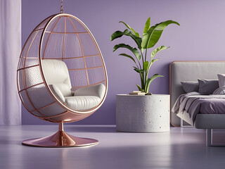 Rose Gold Levitating Egg Chair in Lavender Room with Glossy Floors and Concrete Side Table near a Bed