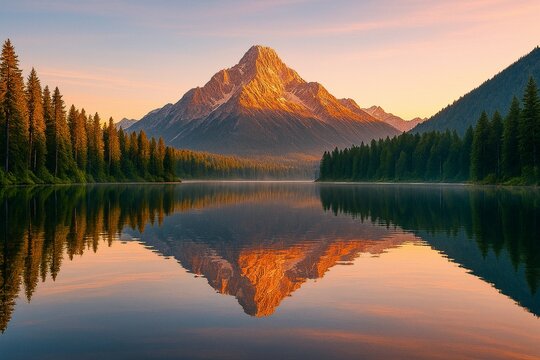 Rural mountain landscape with lake and pine trees around in nature 4k wallpaper image from AI