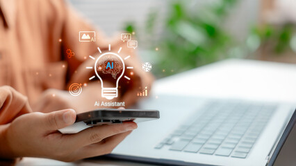 Person using smartphone with AI assistant icon overlay, symbolizing artificial intelligence technology, digital innovation, and smart virtual assistant for productivity.