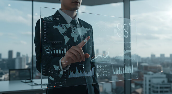 Businessman Interacting with Futuristic Global Business Data Interface in Office