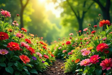 Abundant Vibrant Garden Colorful Flowers and Lush Plants Reaching for the Sun