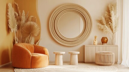 Sun-drenched living room featuring a round woven mirror, orange armchair, and light wood furniture complemented by dried floral arrangements