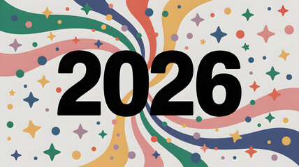 Retro style 2026 year number with colorful swirls and stars isolated on transparent background