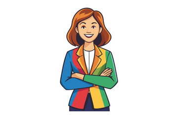 Smiling cartoon woman with auburn hair wearing a colorful patchwork blazer and arms crossed confidently against a white background