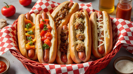 Flat Lay of Hot Dogs with Toppings in Picnic Basket on Checkered Cloth with Condiments - National Hot Dog Day