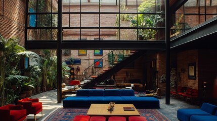 A sunlit atrium in a converted industrial building, featuring exposed brick walls, a glass-enclosed upper level, lush indoor plants, and a stylish seating area with vibrant blue and red furniture