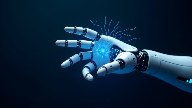 AI robot hand manipulating holographic data modern tech interface concept