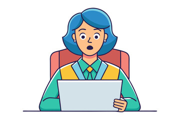Surprised woman with blue hair sitting at a desk holding a laptop with an astonished expression on her face
