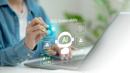 Person interacting with ESG sustainability AI dashboard hologram, featuring CO2 alerts, eco icons,...