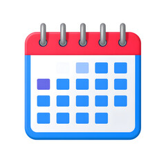 Modern 3d calendar icon with red top and blue pages isolated on transparent background