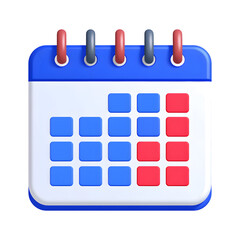 3d realistic calendar icon with blue and red days isolated on transparent background