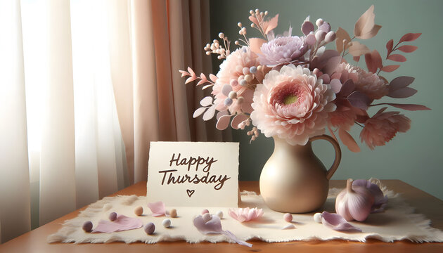 Happy Thursday Floral Scene. A fresh bouquet in a ceramic vase next to a handwritten &ldquo;Happy Thursday&rdquo; card on a sunny table.