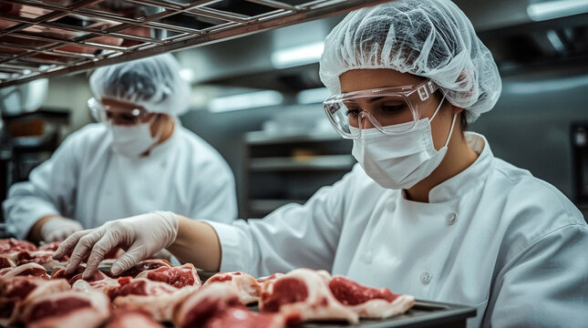 Two individuals wearing chef coats hairnets masks and safety glasses meticulously examine trays of raw meat highlighting food safety protocols in a professional culinary environment - Powered by Adobe