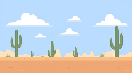 A sunny desert landscape with several cacti of varying heights under a clear blue sky with fluffy white clouds. The ground is sandy with sparse vegetation