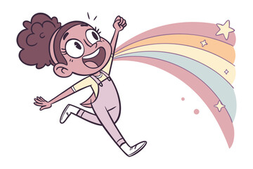 Girl with rainbow tail: An joyful girl with a rainbow tail jumping happily towards the sky.