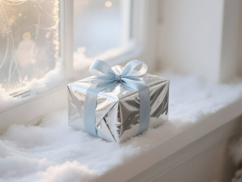 Silver gift box with light blue ribbon sitting on a snowy white windowsill winter scene soft light