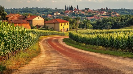 Picturesque countryside road winding through vibrant cornfields towards a hilltop village under a partly cloudy sky