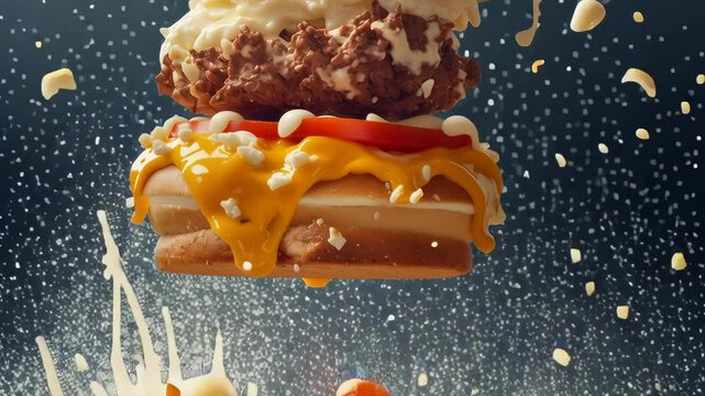 A burger and fries are exploding in a messy way. The burger is covered in cheese and lettuce, and the fries are scattered all over the place. The image has a chaotic and messy vibe