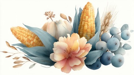 Obraz premium An artistic arrangement featuring corn, garlic, wheat, blueberries, and a soft peach flower with blue and beige leaves.