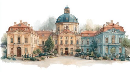 Fototapeta premium A detailed watercolor painting of a grand, classical European palace with a central dome and symmetrical wings surrounded by trees.