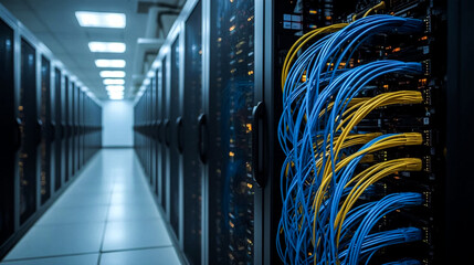 Rows of dark server cabinets extend down a brightly lit aisle A close-up foreground shows a tangle of blue and yellow network cables connecting to server hardware