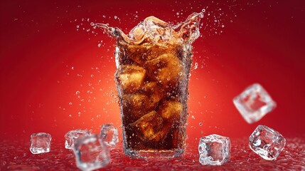 Refreshing splash of cola with ice cubes, perfect for summer drinks or beverage promotions. High quality