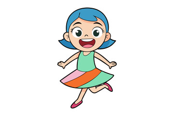 Playful Spirit in Flight: A cartoon illustration portrays a happy girl with vivid blue hair and a vibrant dress mid-leap, conveying the boundless energy and youthful exuberance.