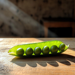 A row of fresh green peas in a sunlit pod on a wooden table.