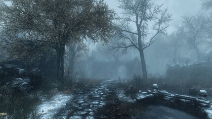 Fototapeta premium Misty path leading to ancient stone ruins, partially obscured by fog and autumnal trees. A cobblestone path winds through the scene, hinting at a mysterious destination