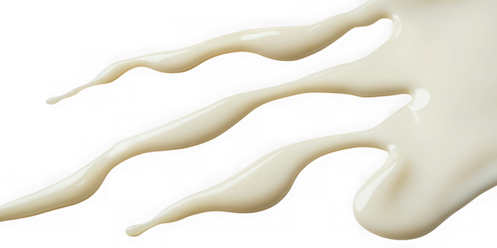 Creamy white liquid splashing and flowing in abstract organic shapes isolated on transparent background